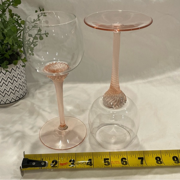 Pair (2) Vintage Bohemia Czech Pink Swirl Stemmed White Wine Glasses. EUC